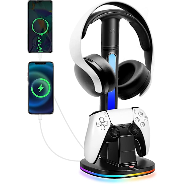 Laddningsstation för PS5-kontroller med RGB-hörlursstativ, PS5-kontrollerladdare med 2 USB-portar, headsetladdningsstativ