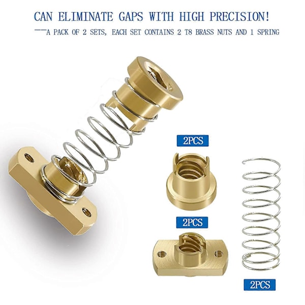 2 kpl T8 Anti-Backlash -jousikuormitteisia rakoeliminaattoripähkinöitä messinkiä Ender 3 Ender 3S Ender 3 Pro 3D-tulostin sarjalle Creality Cr10 Tornado CNC-koneelle, 8