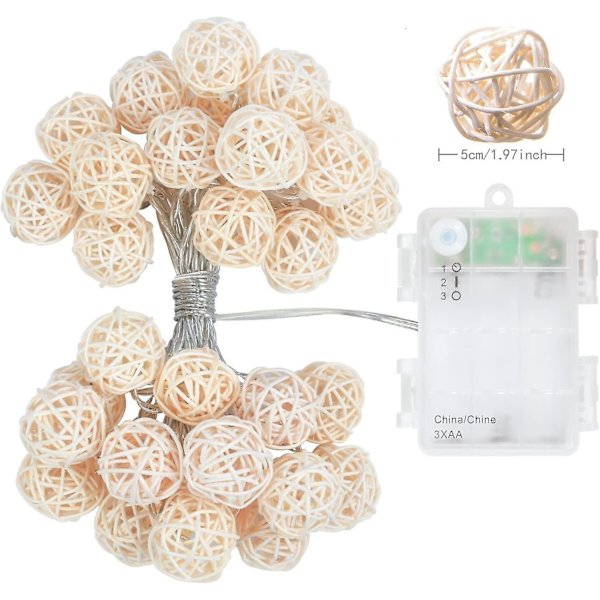 Rattan Bold LED-lysstreng, 20 LED Bold Lys Dekorative 5 cm i Diameter Rattan Lys