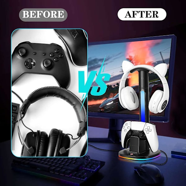 Laddningsstation för PS5-kontroller med RGB-hörlursstativ, PS5-kontrollerladdare med 2 USB-portar, headsetladdningsstativ