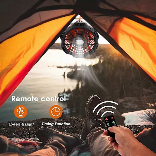 Portabel campingfläkt med LED-belysning, USB-driven, kompakt design, mångsidig utomhusbruk