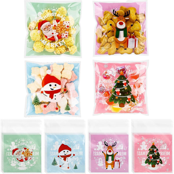 200 stk. Julegodteposer, Selvforseglende Klare Julecellofanposer, Julegodte Snack Party Gave Ziplock Kakeposer Jul P