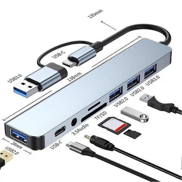 8-i-1-portar USB A Typ C Hub Koncentrator Dockningsstation Adapter 3 0