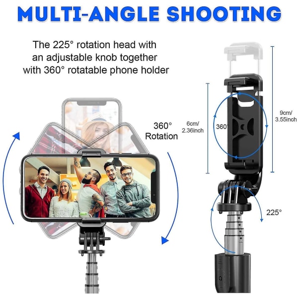 Selfie Stick-stativ, 4 i 1-udvidelig Selfie Stick med Bluetooth-fjernudløser 360-rotation