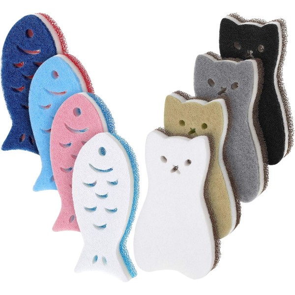 8 Pieces Kitchen Scrub Sponge Cat Fish Cleaning Sponge Dishwashing Brush Anti-Scratch Multipurpose Sponge For Dishes Pots Pots Sink