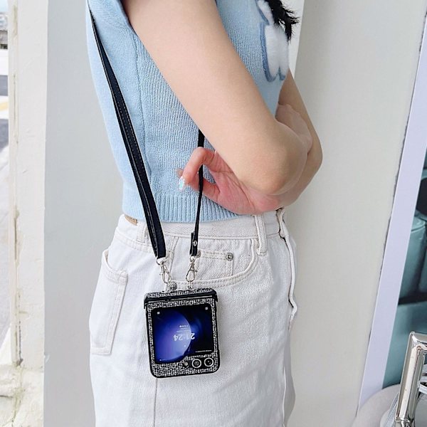 Til Samsung Galaxy Z Flip 6 Etui, Bling Shining Glitter Hård PC Stødsikkert Cover med Crossbody Lanyard Til Galaxy Z Flip 6