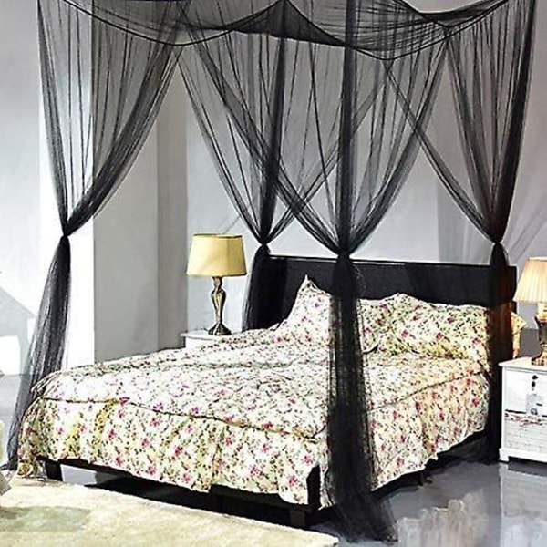Sort 4 sengetæppe Trim Princess Square Myggenet til indendørs soveværelse og camping