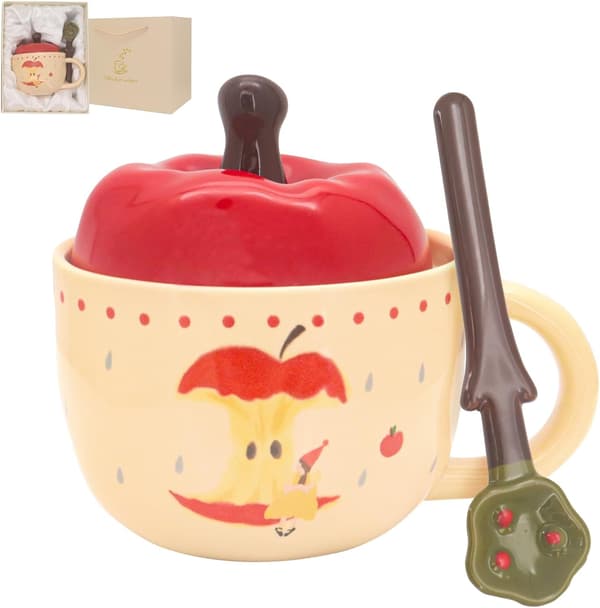 Söt mugg, presentförpackning, äppelformad kaffemugg med lock, keramisk kaffe-/temugg