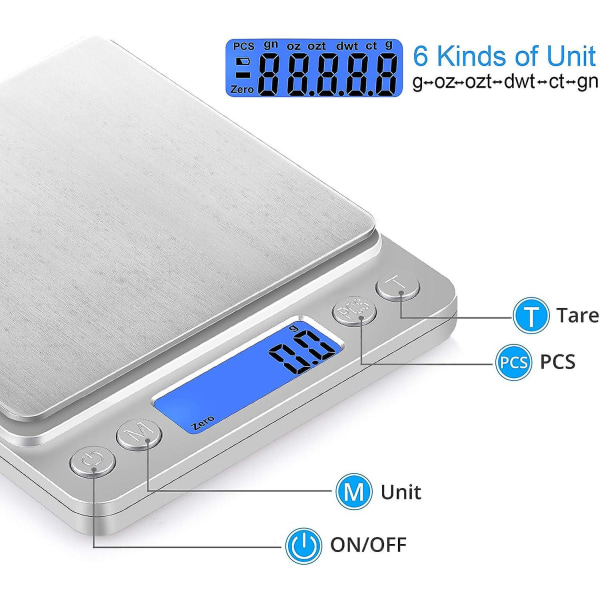 Køkkenvægt Elektronisk 0,1g-3kg I Rustfrit Stål Med Baggrundsbelyst Lcd Tarefunktion, Vægt Til Mad Frugt Grøntsager Smykker Vægt P