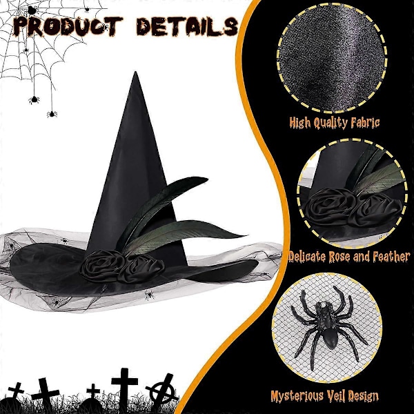 Halloween Häxhatt för Kvinnor Svart Häxhatt Vuxen Trollkarl Häxhattar för Kvinnor Flicka Cosplay Halloweenfest Kostymtillbehör