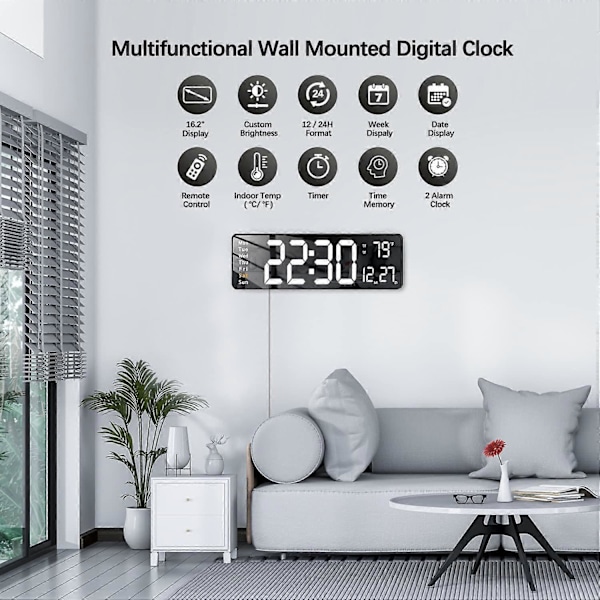 16-tommers veggklokke LED digital vekkerklokke med fjernkontroll, 12/24 timer stilig moderne design.