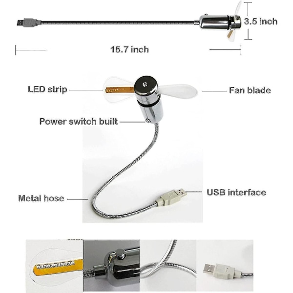 LED USB-blæser, Ny Kreativ Programmerbar USB-drevet Bærbar Blæser, Mini Svanehals DIY Beskedblæser Til Laptop Og Computer - Farverige Lys (kui)