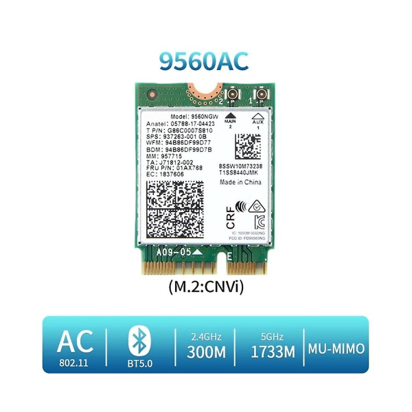9560ngw Wifi-kortti 1730mbps Langaton Ac 9560 Kaksoiskaistainen 2.4g+5g Bluetooth 5.0 802.11ac M.2 Cnvi 9560n