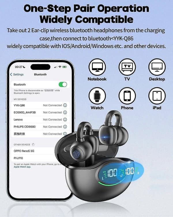 Bluetooth-hörlurar, Bluetooth 5.3, brusreducering, in-ear-hörlurar med öronklämma