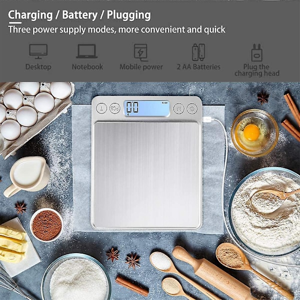 Dhrs Digital Køkkenvægt med USB Opladning, Digital Vægt 0,1g / 3kg, Elektronisk Præcisionsvægt, PSC / Tara Funktion / LCD Display, 6 Enheder Konvertering