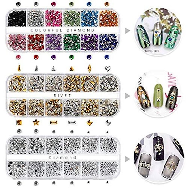 Professionellt nagelset med 6 lådor nagelkonst strass & 1 låda nagelfolje, multi-storleks stenar metall nagel nitar dubbla sidor färg nagelkonst folie