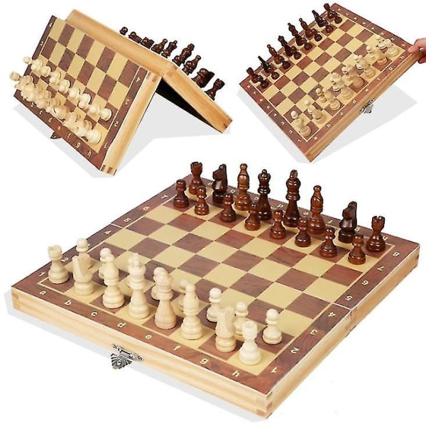 Tresjakk, håndlagde sjakkbrikker, sammenleggbart sjakkbrett