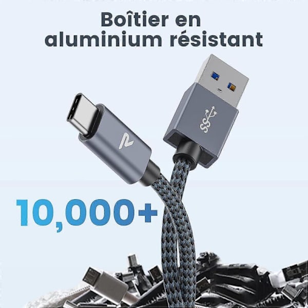 USB-C-kabel [USB 3.0, 1 m], USB Type C-kabel, nylon USB-C-opladerkabel