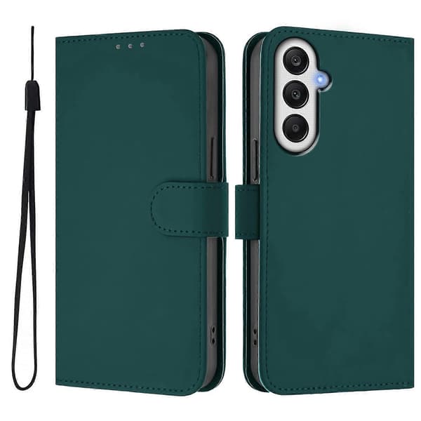 Solid Farve Tegnebog Læder Telefon Cover med Rem til Samsung Galaxy S24 FE - Mørkegrøn