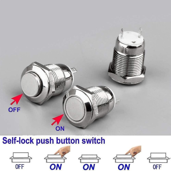 4 kpl Momentary Push Button Vedenpitävä ruostumattomasta teräksestä valmistettu painike päällä Off 12mm 2a 12v / 24v / 125v / 250v (pää ylös)