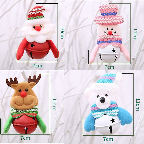 4 stykker juletrærpynt anheng jingle bell klokke dekorasjon tre anheng farget stripe snømann julenissen bjørn elg klo