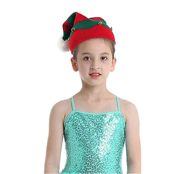 Julklappselvhatt för barn 1-6 år - Stickad jultomteluva med pompom, klockor och huvudbonad - Jultomtedräktdekoration