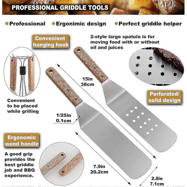 8 stk Grilltilbehørsett - Profesjonelle, robuste grillspader i rustfritt stål - Ideelt for Teppanyaki, grilling og griller