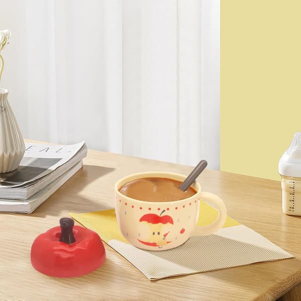 Söt mugg, presentförpackning, äppelformad kaffemugg med lock, keramisk kaffe-/temugg