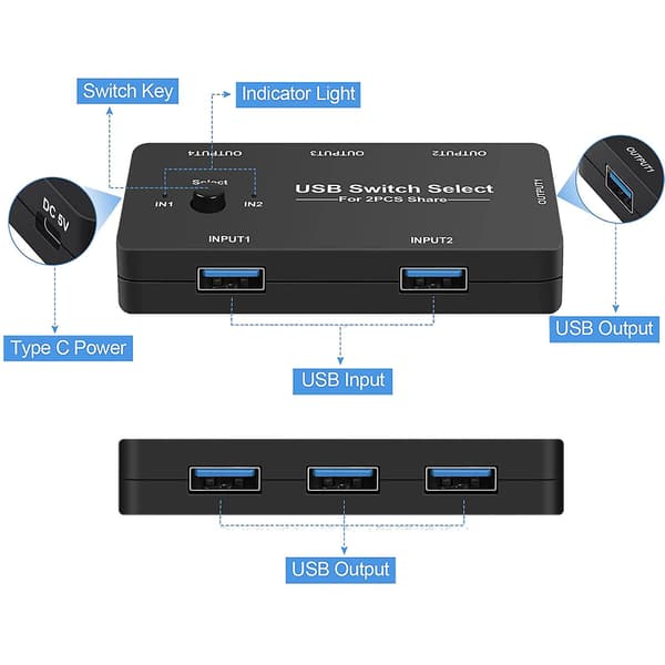 USB-switch för 2 datorer, delar 4 USB-enheter, USB KVM-växlare med en knapp för byte, 4