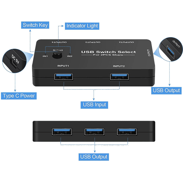 USB-switch til 2 computere, deling af 4 USB-enheder, USB KVM-switch med en-knap-skift, 4