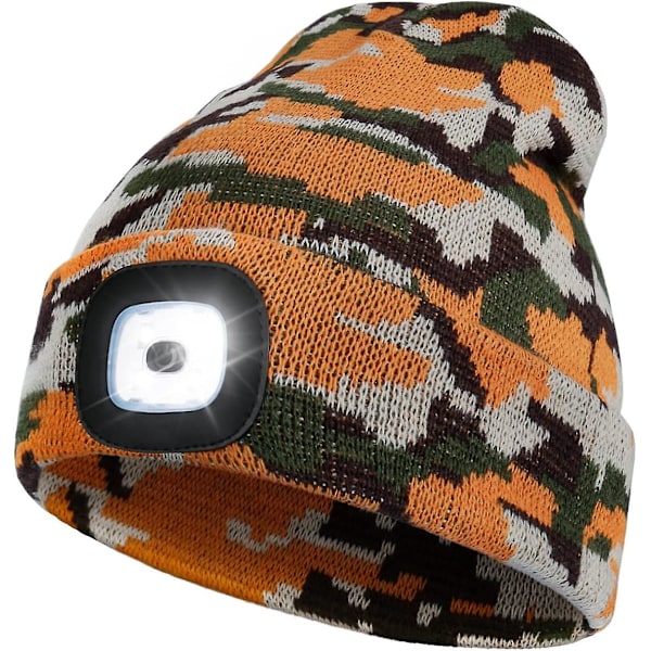 SZTXJ USB Rechargeable Hands Free 4 LED Headlamp Cap LED Beanie with Light-Camouflage Golden, Winter Knitted Night Lighted Hat Flashlight Women Men Gi