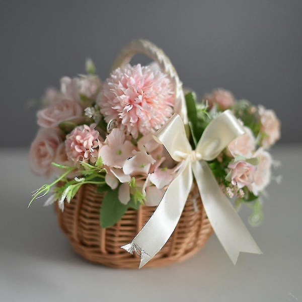 Flätad vävd blomsterkorg, med handtag och vitt band, korgar för bröllopsblomma, för hemmet