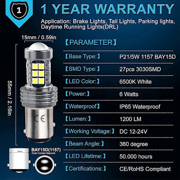 P21/5W Led 1157 Bay15d 12V 24V (Pakke med 2) Bilpærer, med HD-linse, 1200Lm 6500K Hvid til Bremselys, Baglygter, Kørelys, Etc