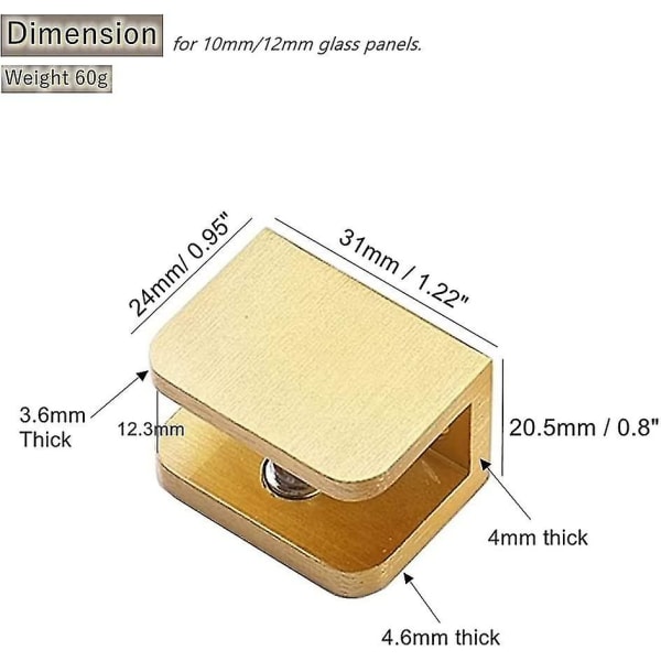 4 kpl Lasiklampit, Porattamattomat Lasikotelohyllytelineen Kiinnikkeet Tukea (10mm-12mm Lasille, Kulta)