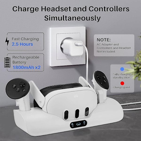 Auniq laddningsdocka för Oculus/meta Quest 3, VR-headset laddningsstativ för Quest 3 headset & handkontroll laddningsstation med 2 uppladdningsbara batterier,
