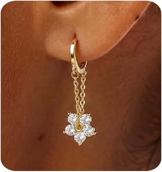Damemode 14K guldbelagte øreringe, dingleøreringe, enkle cubic zirconia blomster dingleøreringe