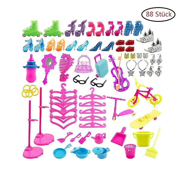Dhrs 88-delars Set med Kläder, Skor, Smycken och Tillbehör för Barbie-dockor