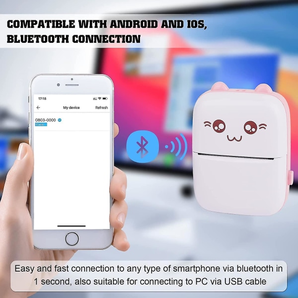 Mini termisk skriver, bærbar 200dpi trådløs Bluetooth-fotoskriver med 5 ruller termisk papir, for Ios Android-app