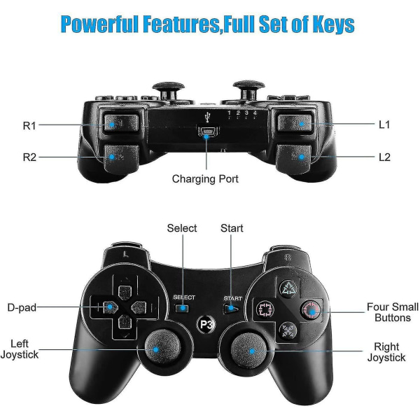 PS3 Controller, Trådløs Controller til Playstation3 Bluetooth Gamepad til PS3 med Dobbelt Vibration Seks-akset Fjernbetjening (Sort)