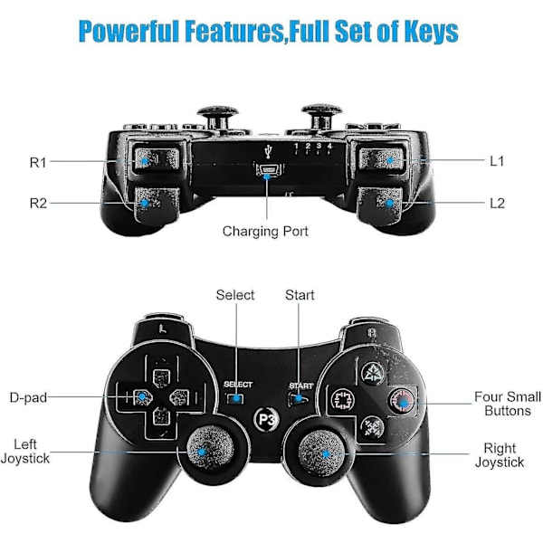 PS3 Ohjain, Langaton Ohjain Playstation 3:lle Bluetooth Pelikonsoli PS3:lle Kaksoisvärinällä Kuusiakselinen Kaukosäädin (musta)