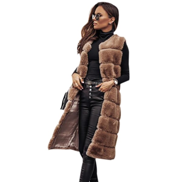 Kvinners vintervest frakk med rund hals pels lang frakk med ensfarget til kvinne i kaldt vær, beste gave til jul. Veldig fin gave, veldig fin gave