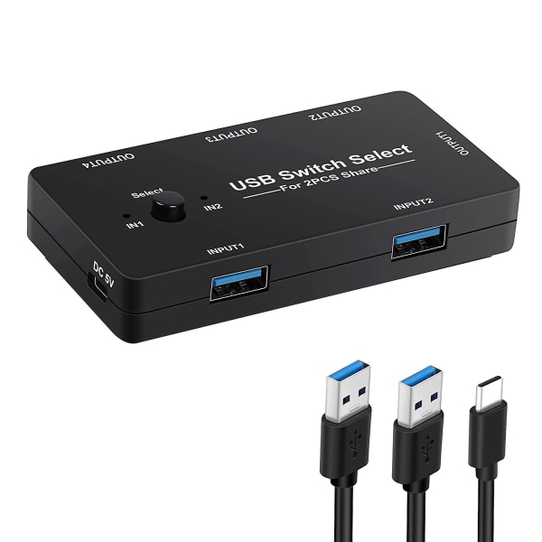 USB-bryter for 2 datamaskiner, deler 4 USB-enheter, USB KVM-bryter med én knapp for bytte, 4