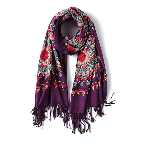 Damernas Broderade Överstora Tassel Sjal Scarfs för Kvinnor - Lila