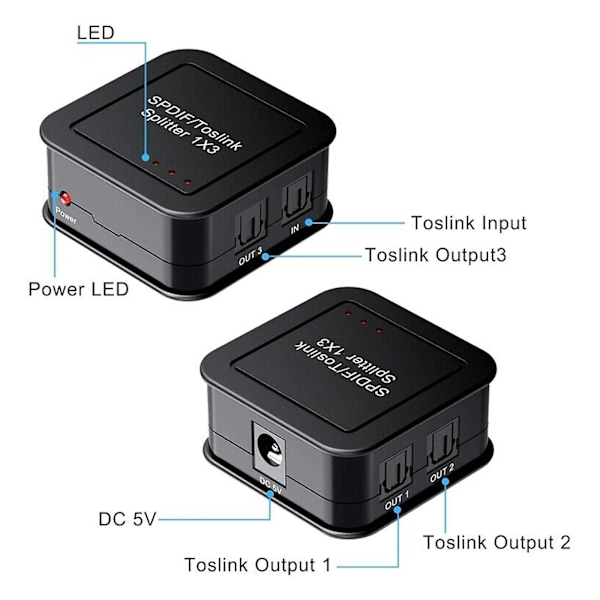 3-port 1x3 Spdif Toslink optisk digital lydsplitteradapter, 1-ind 3-ud Fg