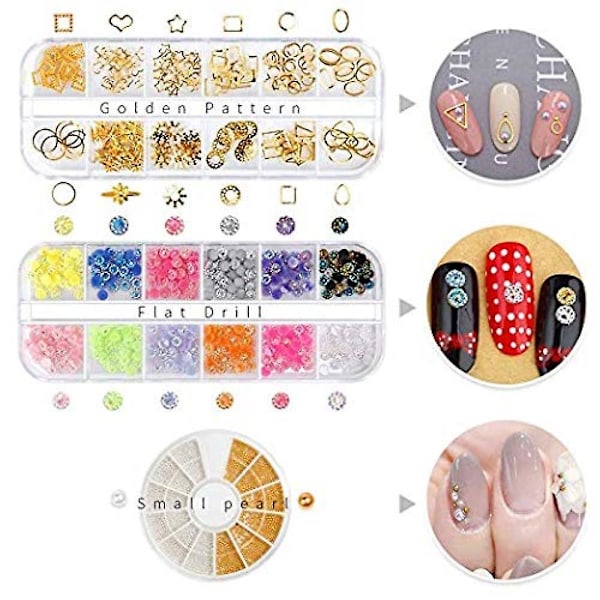 Professionellt nagelset med 6 lådor nagelkonst strass & 1 låda nagelfolje, multi-storleks stenar metall nagel nitar dubbla sidor färg nagelkonst folie