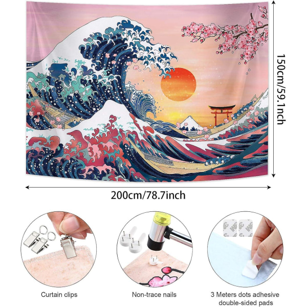 Great Wave Tapestry Japansk Ocean Wave Tapestry Solnedgang Tapestry Cherry Blossom Tree Baggrund Kanagawa Mountain Tapestry (59 X 78,7 tommer)