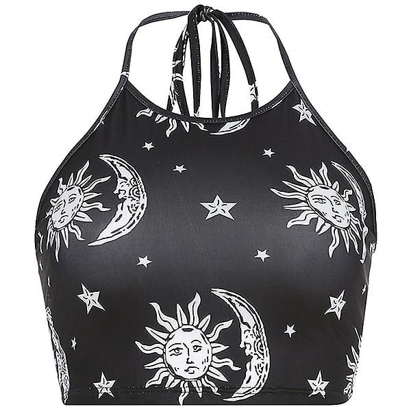 Damernas Stjärnor Måne Tryckt Halter Sexig Camisole Kvinnor Crop Top Sommar Ärmlös Elastisk Svart Tank Toppar