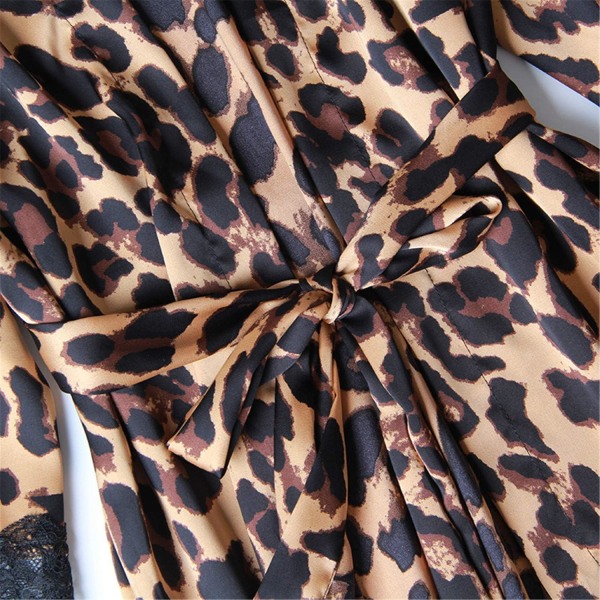 Satinpyjamas dam Spets Kimono Morgonrock Nattlinne Nattkläder Spets Leopard Morgonrock Leopard Print Large