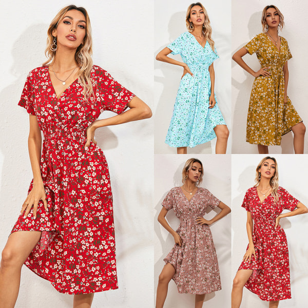 Blommig bohemisk klänning för kvinnor, kortärmad semesterklänning med V-ringad solklänning sommar, liten print , kortärmad klänning Pink UK Size 10=L