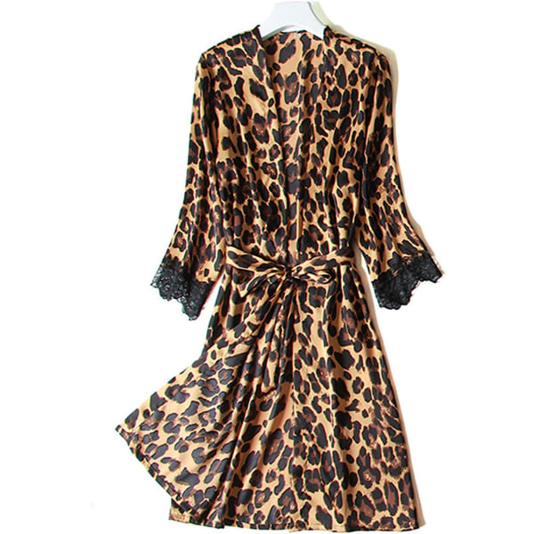 Satinpyjamas dam Spets Kimono Morgonrock Nattlinne Nattkläder Spets Leopard Morgonrock Leopard Print Medium